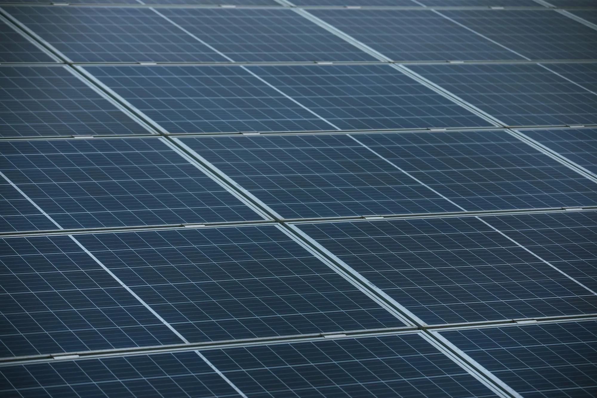 Close-up of blue solar cells and the white grid lines between them